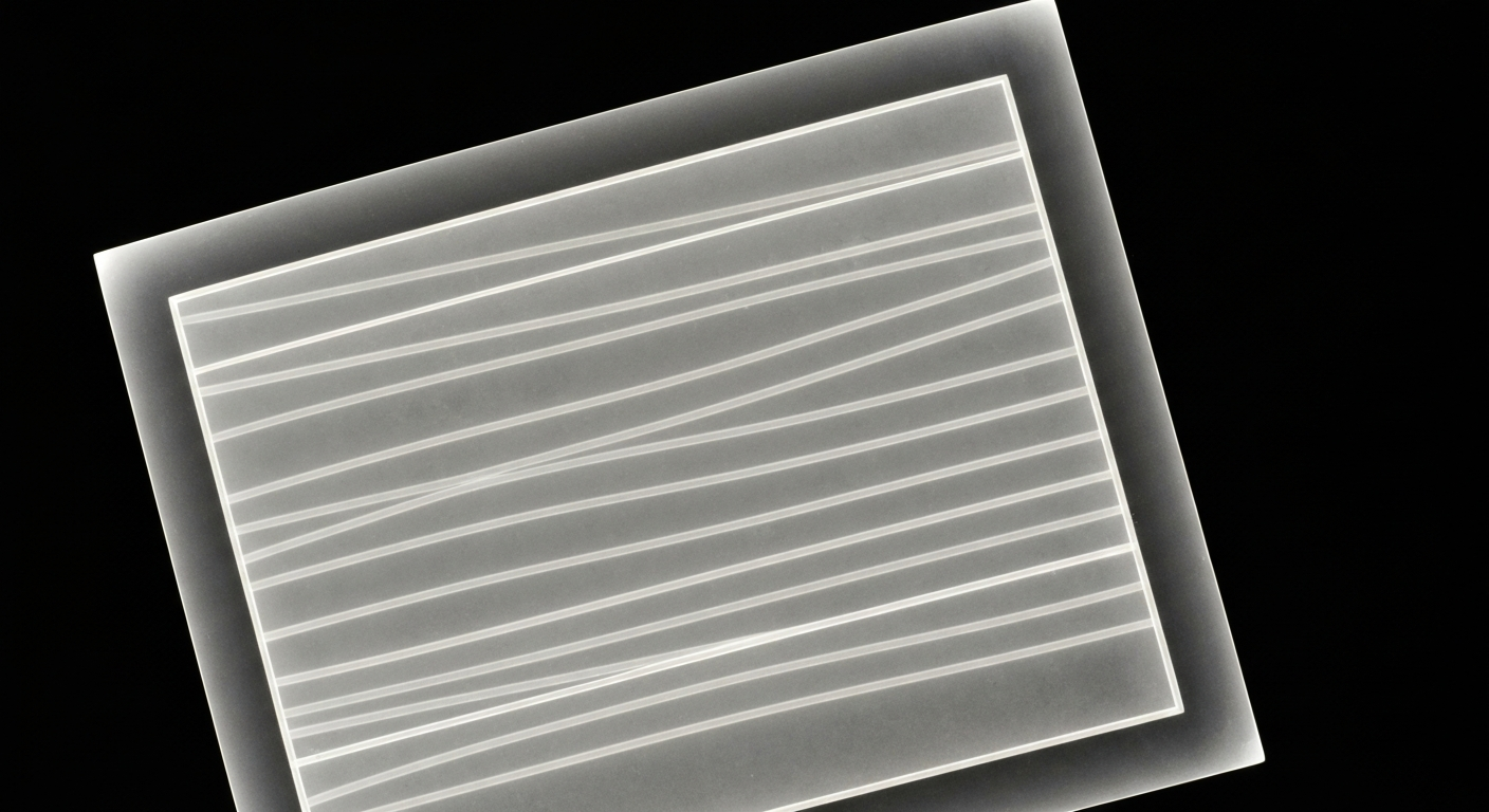 An extreme close-up of a translucent X-ray image revealing the intricate internal structures of a medical document, conceptually illustrating the hidden costs and complexities of the private health insurance system.