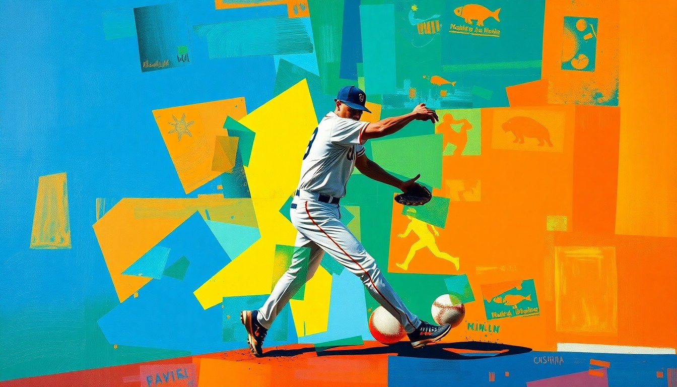 A cubist-style painting depicting a baseball infielder in motion, with their body and movements broken down into sharp, overlapping geometric shapes and planes in vibrant colors like deep blue, bright orange, and emerald green.