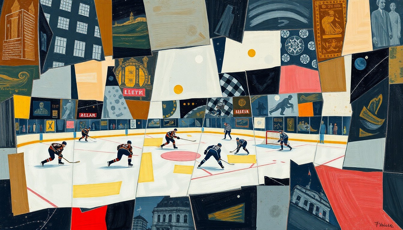 A cubist-style painting depicting a hockey game broken down into sharp, overlapping geometric shapes and planes, conveying the Penguins' strategic and adaptable play.