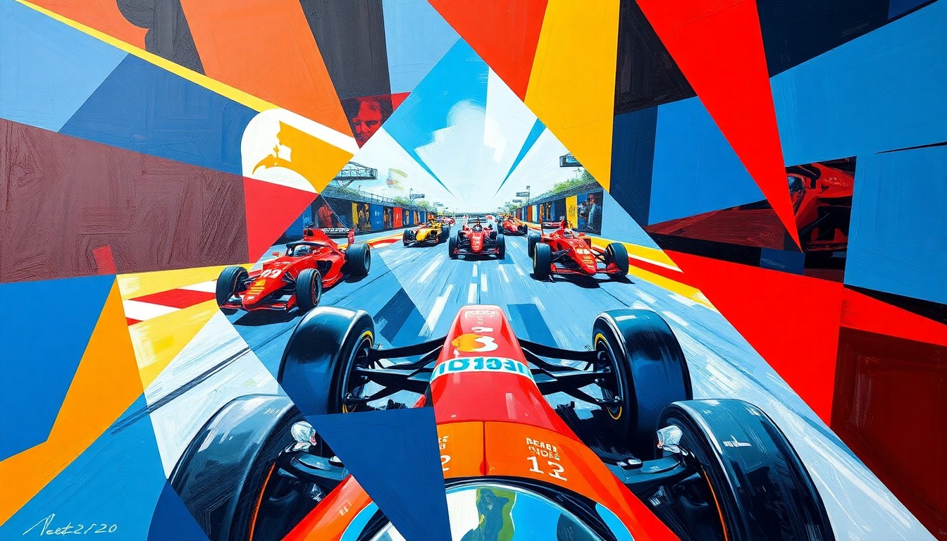 A cubist, geometric painting depicting a fragmented Formula 1 race, with sharp, overlapping planes of vibrant red, blue, and yellow colors, conveying the complex and evolving nature of the sport's regulations.