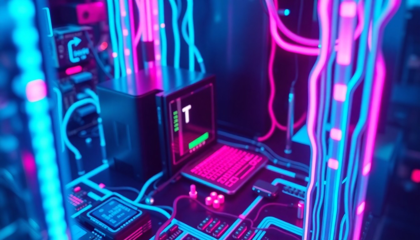 A highly detailed, glowing 3D illustration of a complex network of interconnected digital devices and infrastructure, with neon cyan and magenta lights illuminating the various components like circuit boards, cables, and servers. The image conveys a sense of the technological complexity and high-stakes nature of the device code phishing threat.
