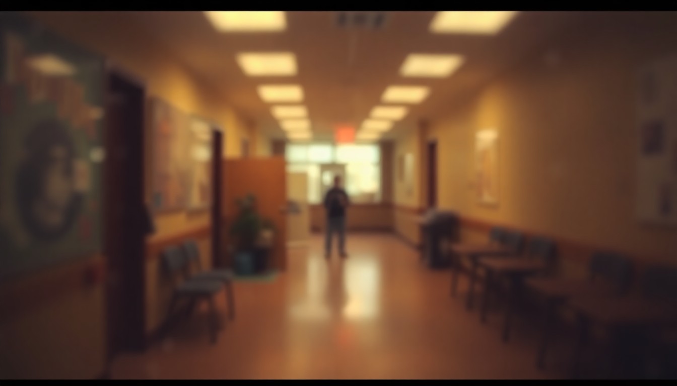 An abstract, impressionistic image of a dimly lit college hallway or classroom, with soft, blurred shapes and pools of warm light, conveying a sense of disruption and uncertainty caused by the power outage at Newcastle College.