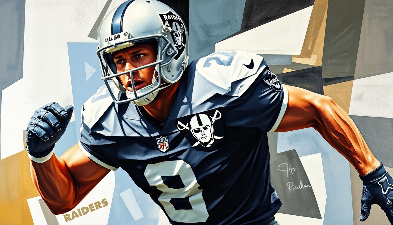 A cubist-style painting depicting a Raiders football player in mid-action, their body broken down into sharp, overlapping geometric shapes in the team's colors of silver and black.