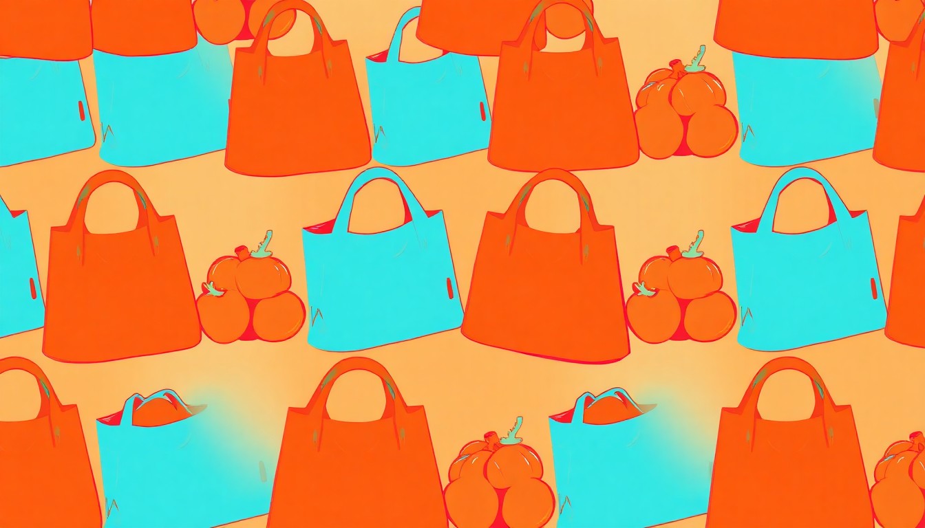 A brightly colored, high-contrast silkscreen print of a reusable grocery bag or produce item, repeated in a tight grid pattern, capturing the joyful energy of a community festival.