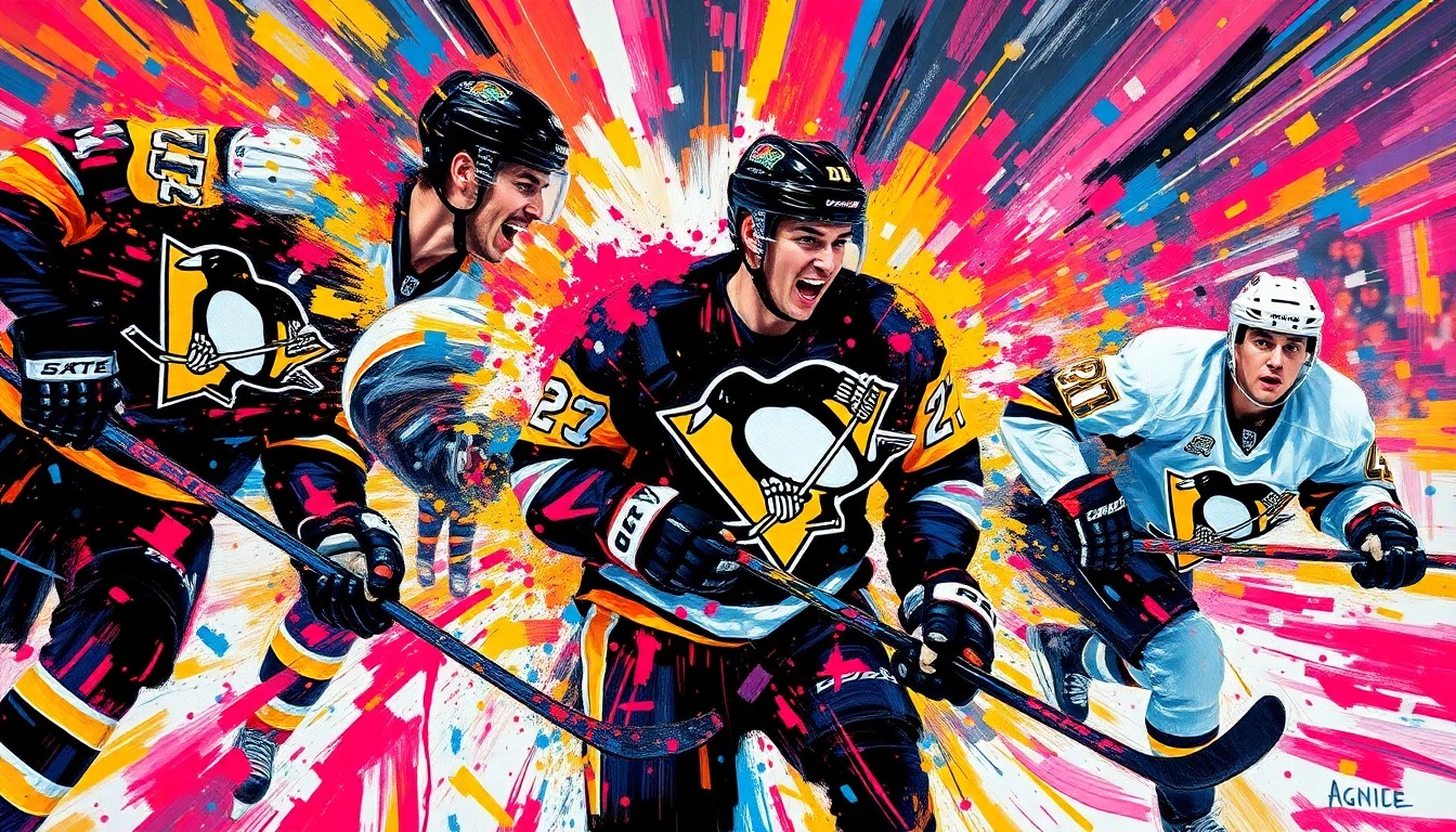 An abstract, expressionist painting in vibrant neon colors, capturing the raw energy and movement of a hockey game, with players' forms and equipment dissolving into bold, gestural brushstrokes.