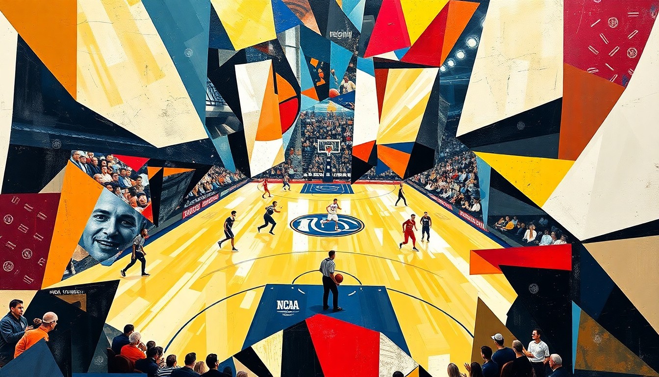 A cubist, geometric painting depicting the NCAA championship basketball game in an abstract, fragmented style, with players and the court deconstructed into sharp, overlapping shapes and planes of color.