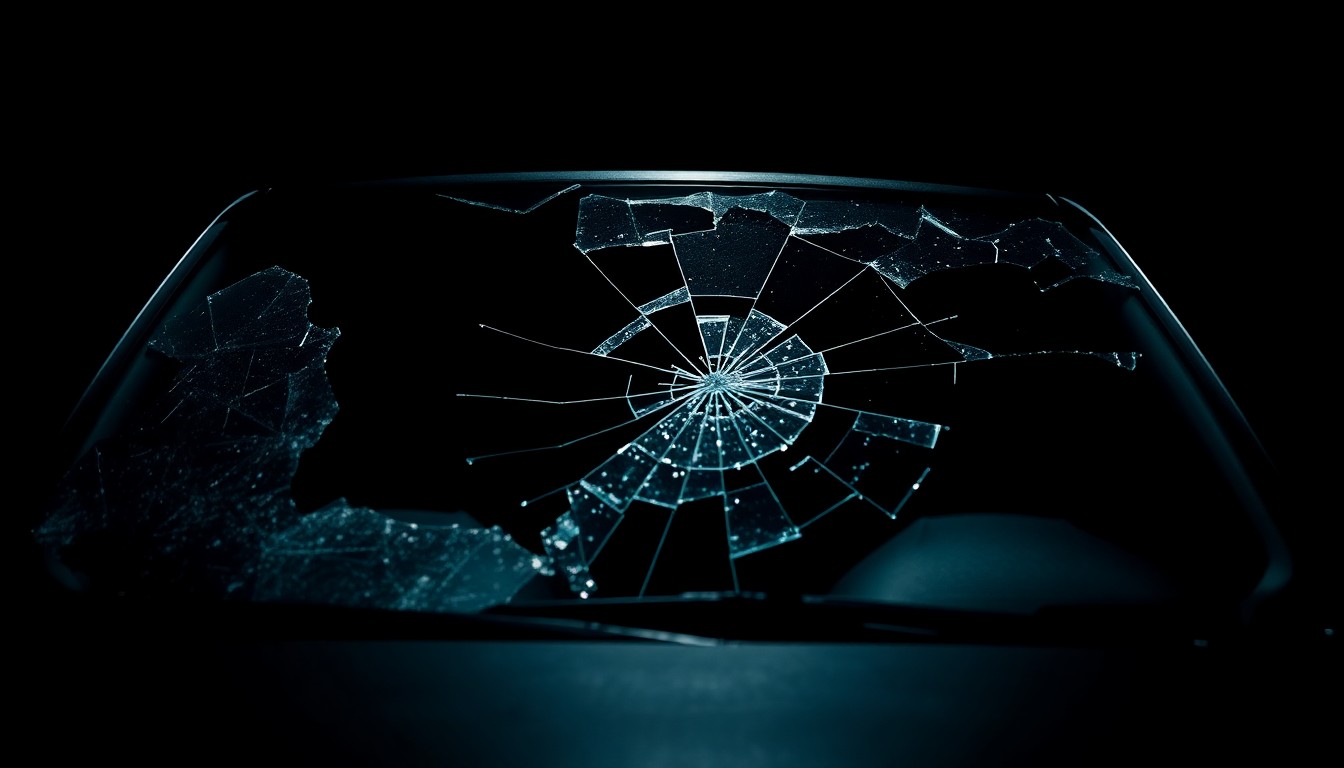 An extreme close-up photograph of a shattered car windshield, capturing the dramatic texture and material details under harsh, direct lighting to conceptually illustrate a serious traffic incident.