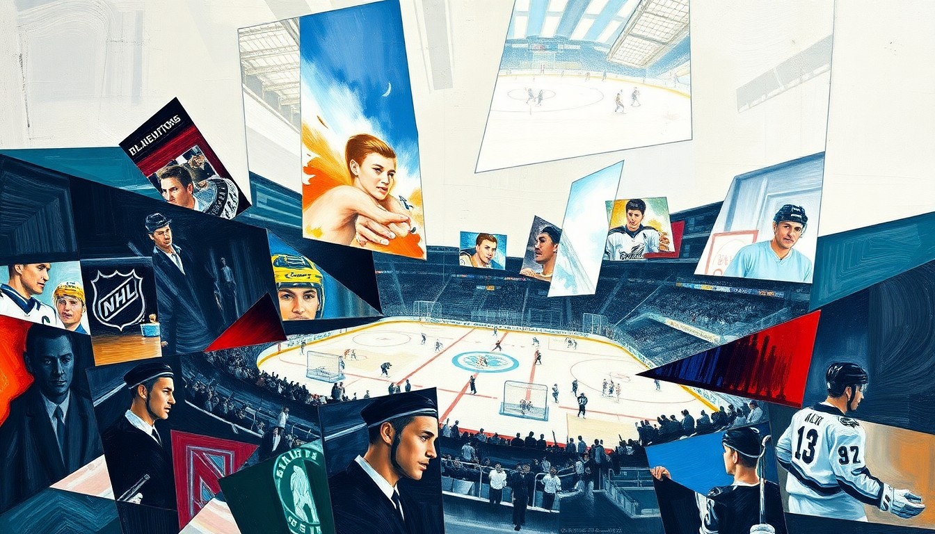 A fractured, multi-perspective painting in the style of Pablo Picasso, breaking an NHL playoff game or match down into sharp, overlapping geometric planes of color and shape, capturing the intensity and unpredictability of the final stretch of the regular season.
