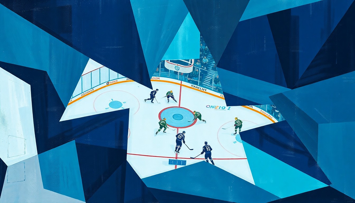 A cubist, geometric painting depicting a fragmented hockey game scene, with sharp planes of navy, teal, and silver colors representing the chaotic state of the Seattle Kraken franchise.