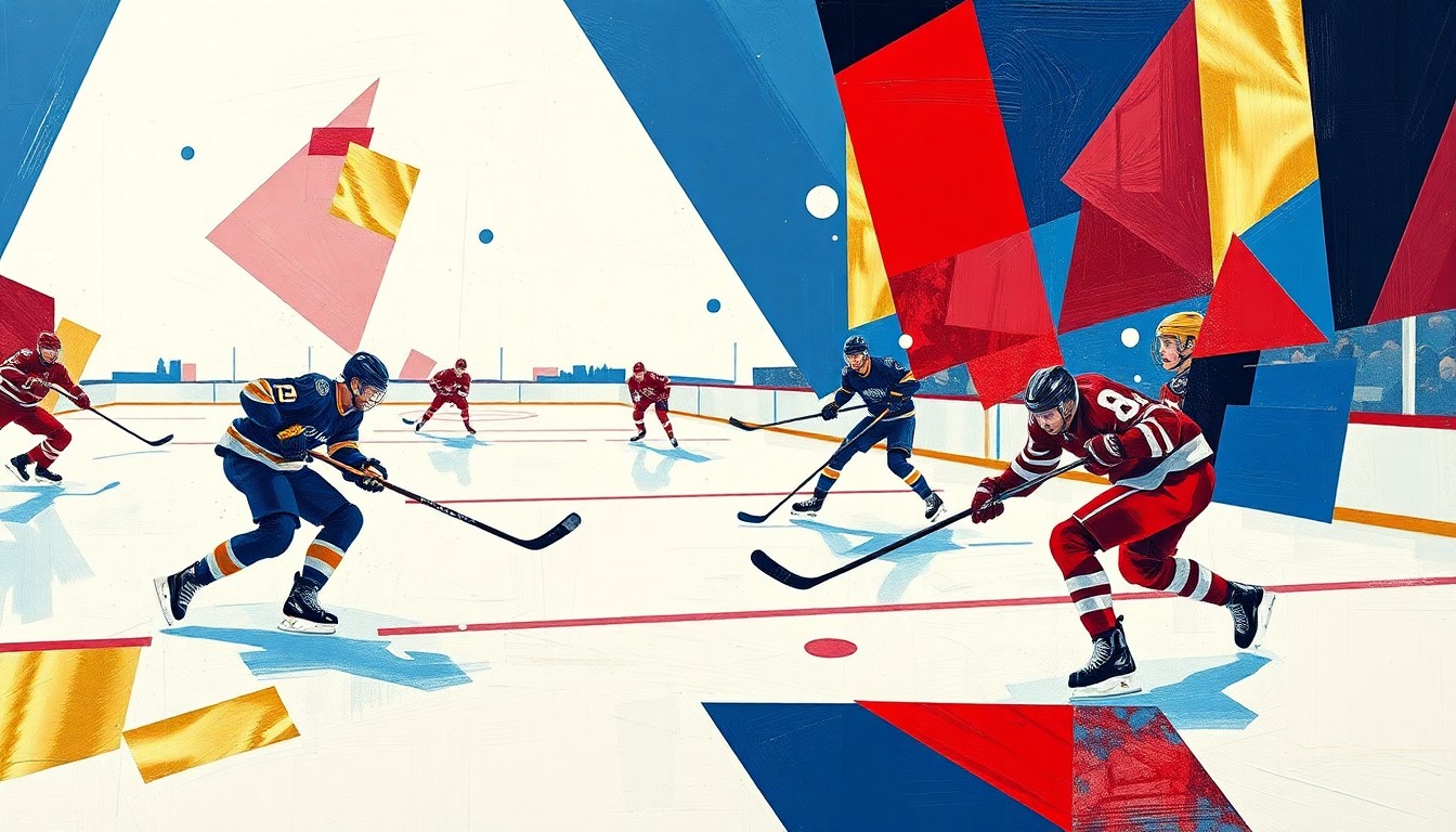 A cubist, geometric painting depicting the chaotic action of a hockey game, with overlapping angular shapes in navy, red, and gold representing the players and puck's movements on the ice.
