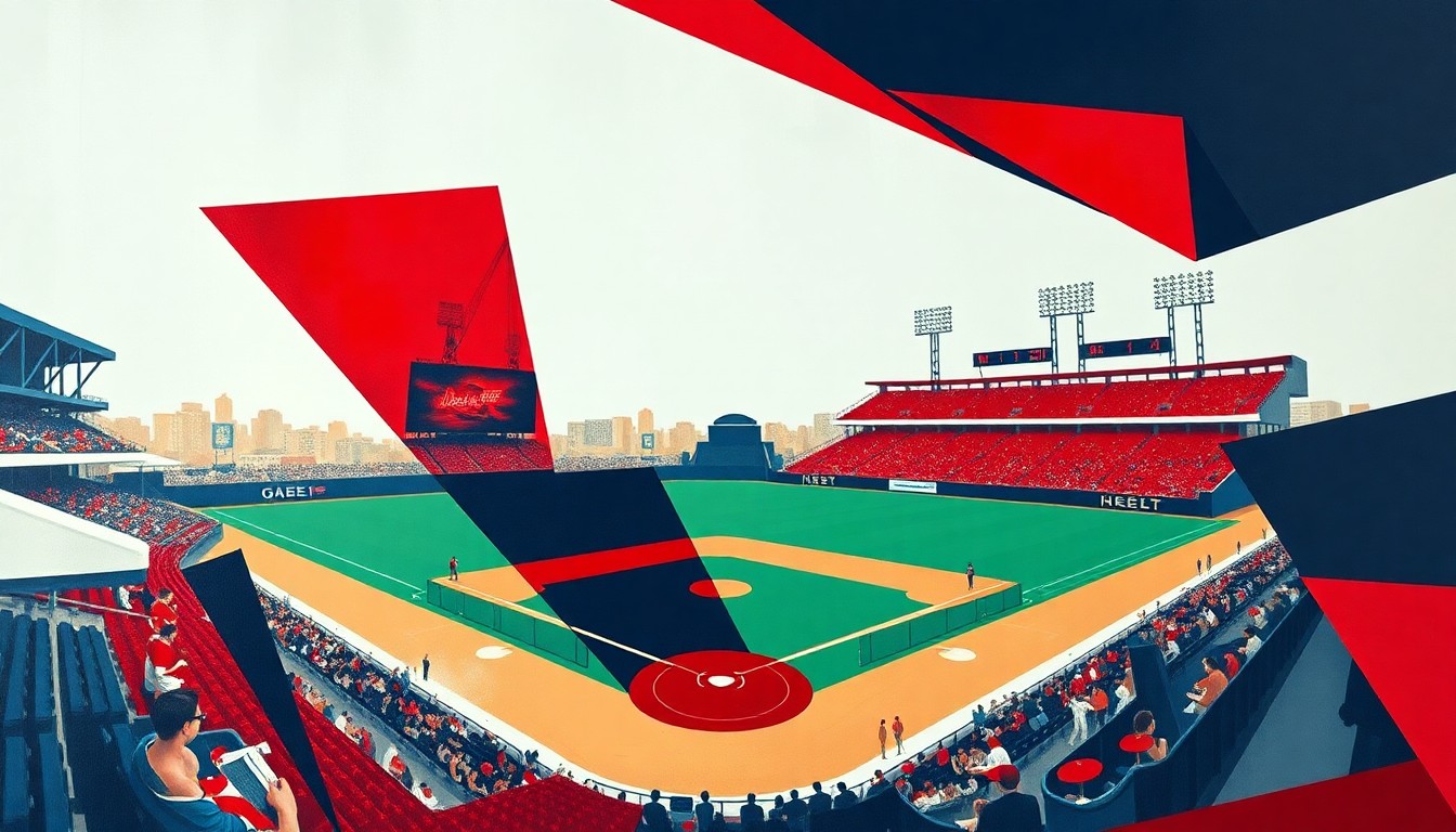 A fragmented, geometric painting depicting a baseball game, with sharp planes of red, white, and navy blue overlapping to create a dynamic, abstract composition.