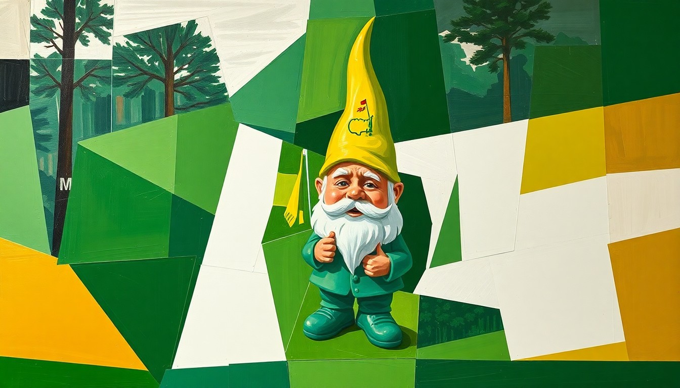 A cubist, geometric painting depicting the iconic Masters golf tournament gnome figurine, broken down into abstract shapes and planes of green, white, and gold, capturing the emotional debate surrounding its potential discontinuation.
