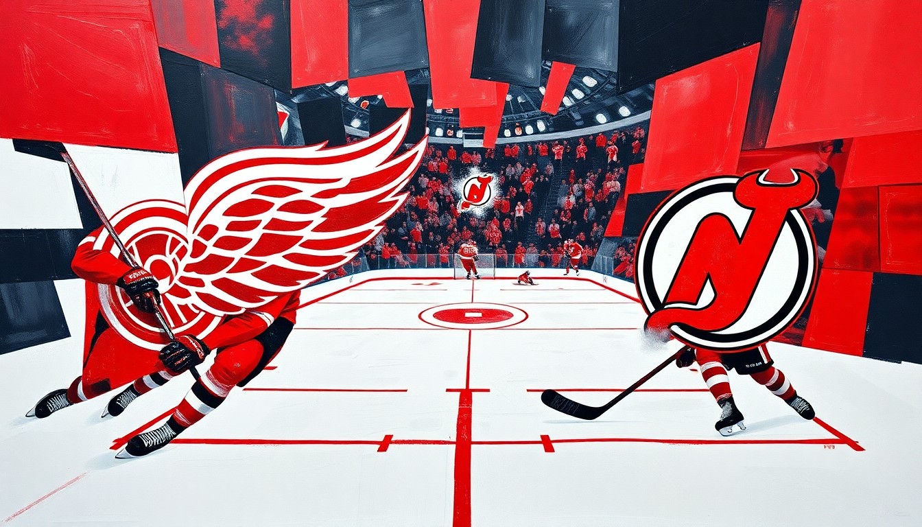 A cubist, geometric painting depicting a hockey game between the Detroit Red Wings and New Jersey Devils, with the players and action broken down into sharp, overlapping planes of red, white, and black.