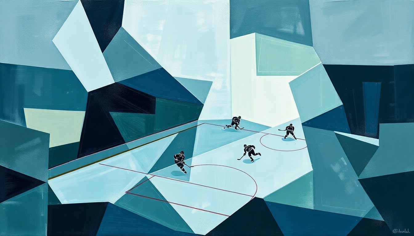 A cubist, geometric painting depicting a fragmented hockey game, with overlapping planes of muted blue, green, and gray tones conveying the complexity of an expansion team's struggle to find success.