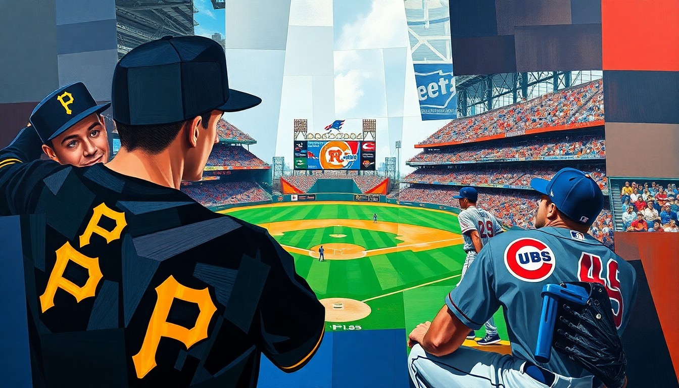 A cubist, geometric painting depicting a baseball game in motion, with the players and field fragmented into sharp, overlapping shapes and planes in the Pirates' black and gold and the Cubs' blue and red team colors.