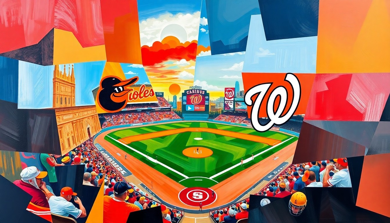 A fractured, geometric painting in vibrant orange, black, and white hues, representing the Baltimore Orioles, and red, blue, and white hues, representing the Washington Nationals. The painting breaks down a baseball game or match into sharp, overlapping planes, symbolizing the complex challenges facing the regional sports network MASN.
