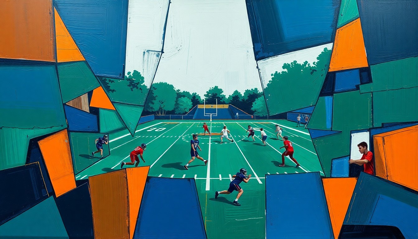 A fractured, geometric painting in shades of navy, green, and orange, breaking down a high school football scene into sharp, overlapping planes, conceptually representing the intricate process of college recruitment for a talented young athlete.