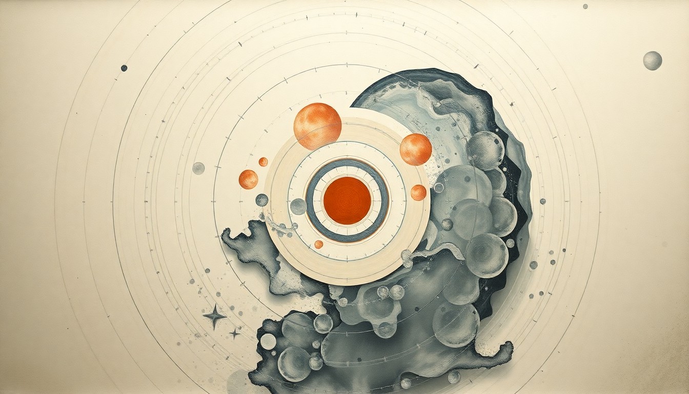 An abstract painting in the style of Hilma af Klint, featuring sweeping geometric arcs, concentric circles, and precise spirals in soft, flat colors against a clean background, representing the complex medical and scientific forces involved in the safe return of astronauts from space.