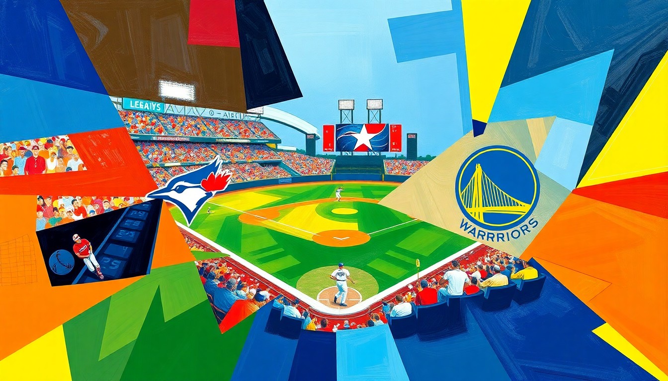 A fragmented, geometric painting depicting a baseball game or match, with sharp, overlapping planes of color representing the dynamic action and emotional intensity of the event.