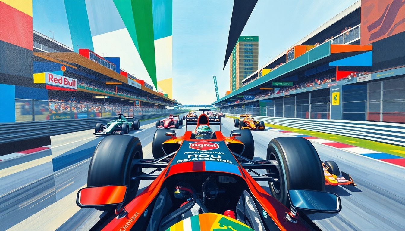 A cubist, geometric painting depicting a Formula 1 race, with sharp, overlapping planes of color representing the speed and energy of the sport.