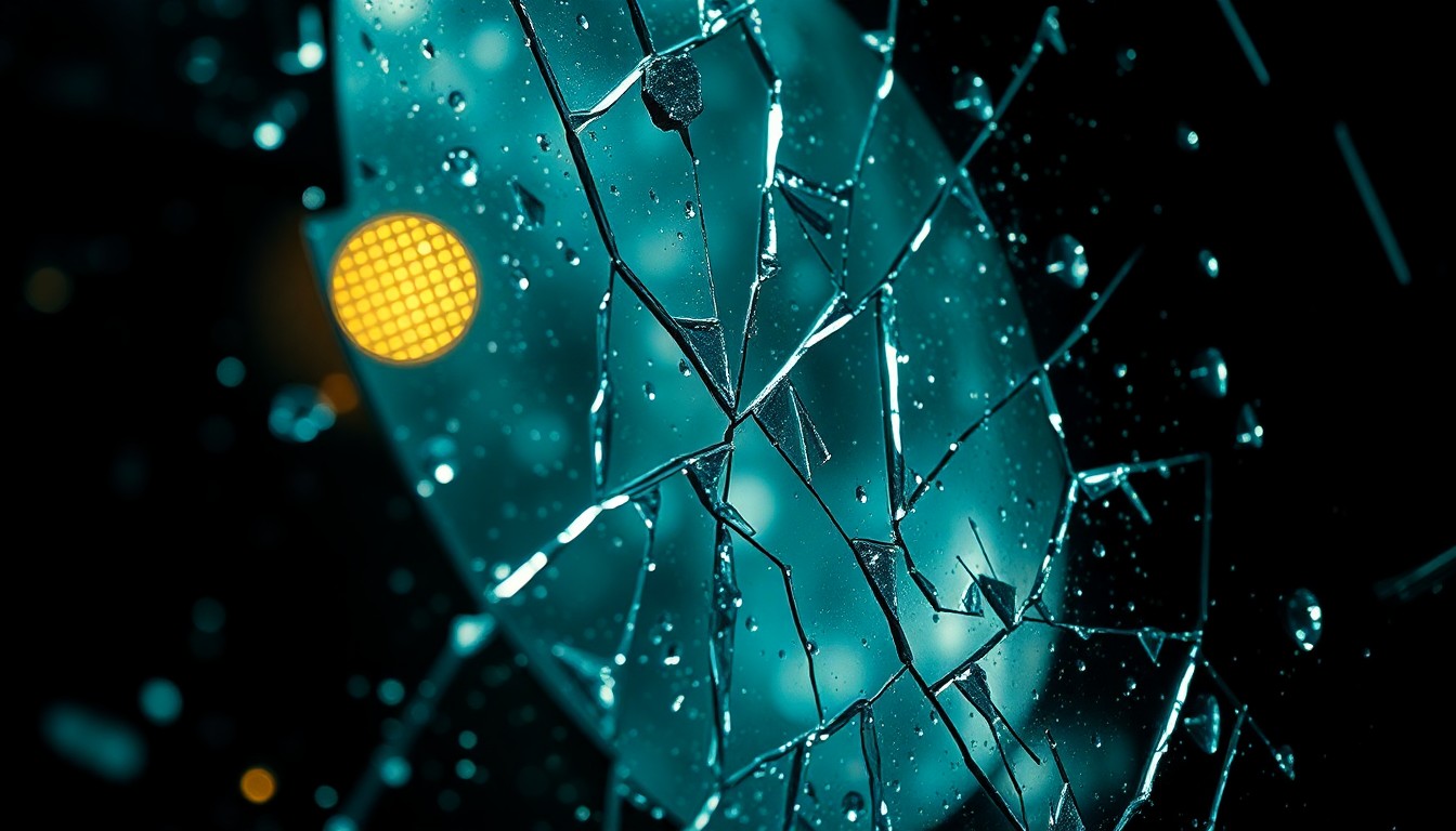 An abstract, high-contrast close-up photograph of shattered glass and glittering reflections, evoking the gritty, cinematic style of 'Amores Perros'.