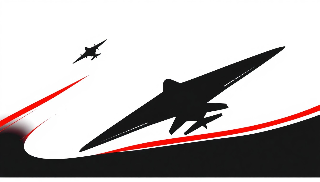 An abstract illustration using bold, geometric black shapes and bright red and white colors to represent the dynamic movement and power of jet aircraft in flight.