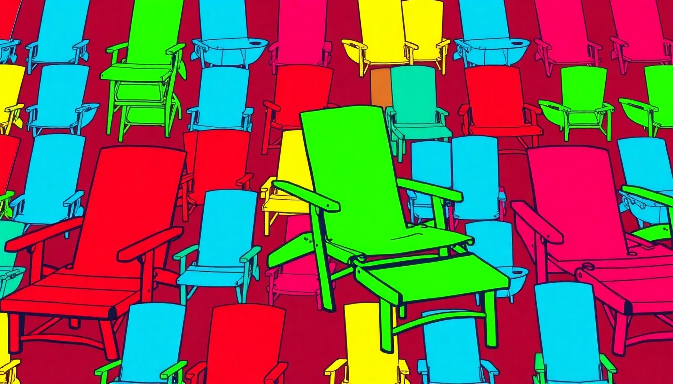 A bold, graphic illustration composed of repeated silkscreen images of iconic waterfront objects like boats, docks, and beach chairs, rendered in a high-contrast palette of neon colors and heavy black outlines to capture the energy and appeal of the ideal waterfront living experience.