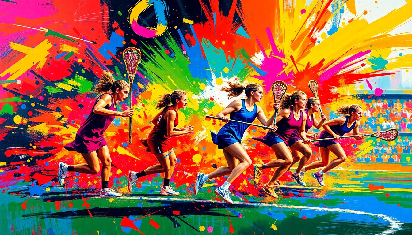 An abstract, expressionist painting in vibrant neon colors, capturing the fast-paced energy and motion of a women's lacrosse game, with players' figures dissolving into colorful brushstrokes.