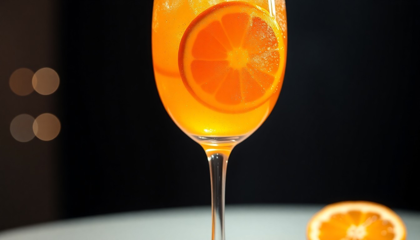 An extreme close-up photograph showcasing the luxurious, glittering texture of a mimosa glass filled with sparkling champagne and fresh orange slices, captured under dramatic studio lighting to create a high-fashion, glamorous aesthetic.