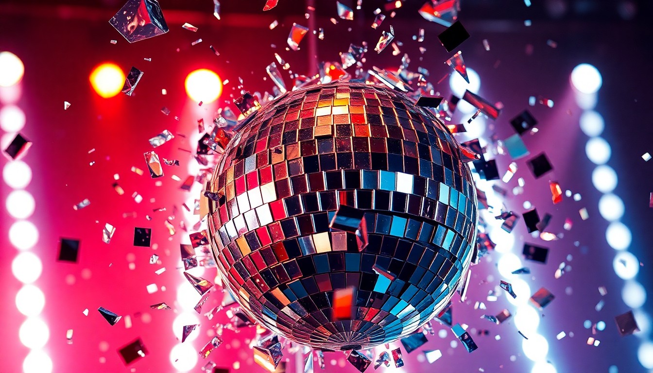 An abstract close-up image of shattered mirrored disco ball fragments reflecting bright stage lights, conveying the high-energy, industrial-electronic fusion of the Nine Inch Noize performance.