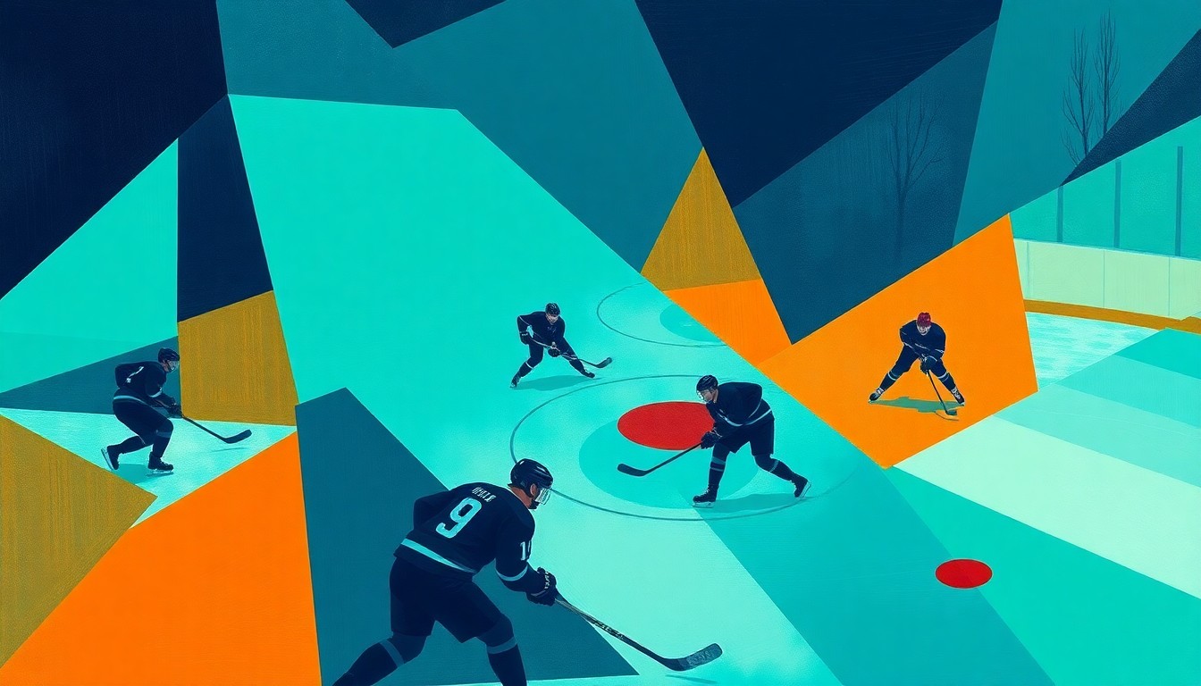A cubist-style painting featuring angular, overlapping geometric shapes in teal, orange, and navy blue, representing the intense action and emotional turmoil of a hockey game.