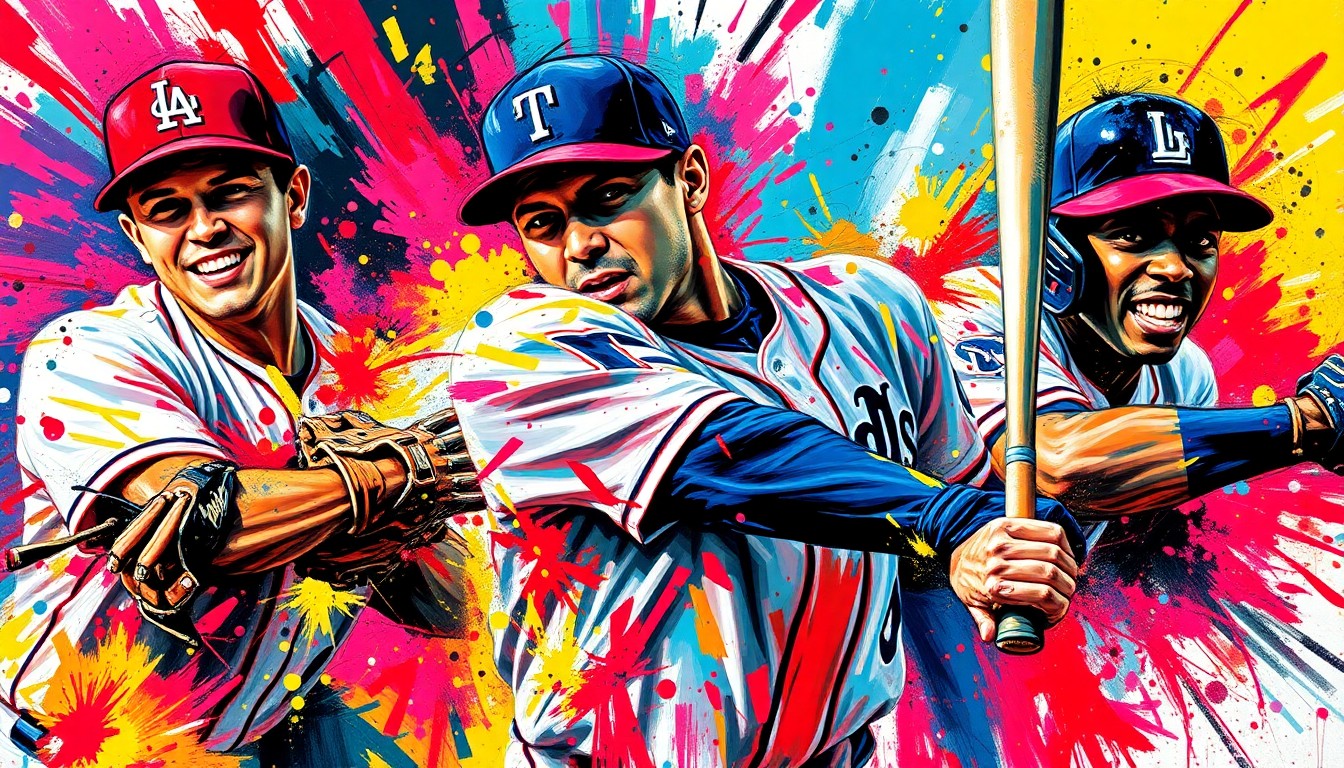 An extreme close-up of baseball players in motion, with vibrant neon brushstrokes and splatters of color capturing the raw energy and dynamism of the game.