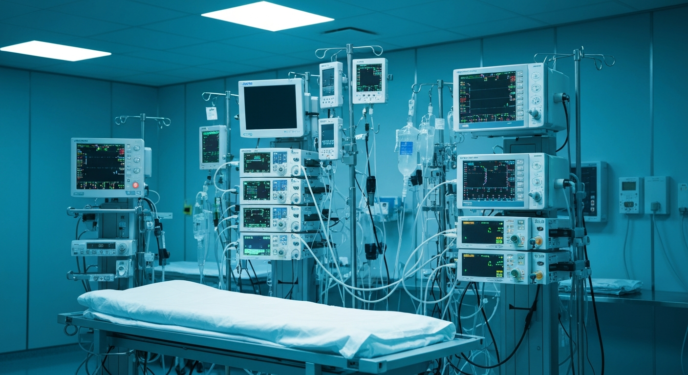 An extreme close-up of complex medical equipment and supply chain machinery, conveying the industrial scale and precision of Cencora's operations as a major healthcare supplier.