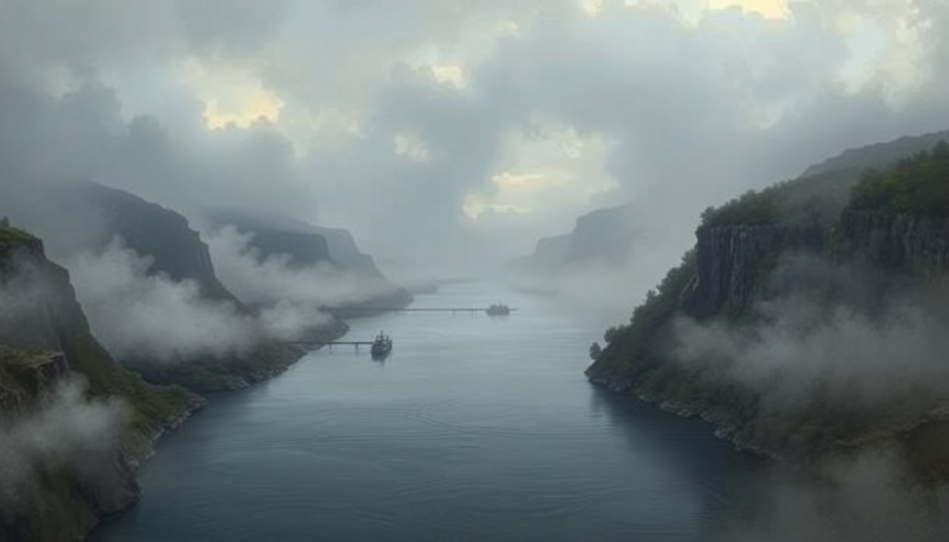 A sweeping, atmospheric landscape painting depicting the Manasquan River surrounded by towering cliffs and an overcast sky, with the dredging equipment barely visible in the distance, conveying the overwhelming scale of the natural environment.