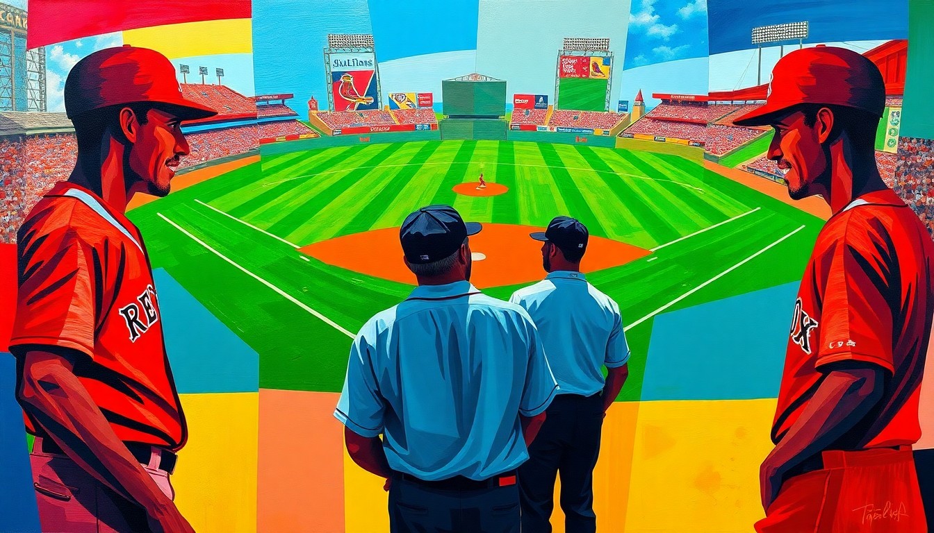 A fractured, geometric painting in vibrant shades of red, blue, and white, depicting the silhouettes of baseball players, umpires, and equipment in an abstract, cubist style, representing the back-and-forth of the video review process during the Red Sox-Cardinals game.