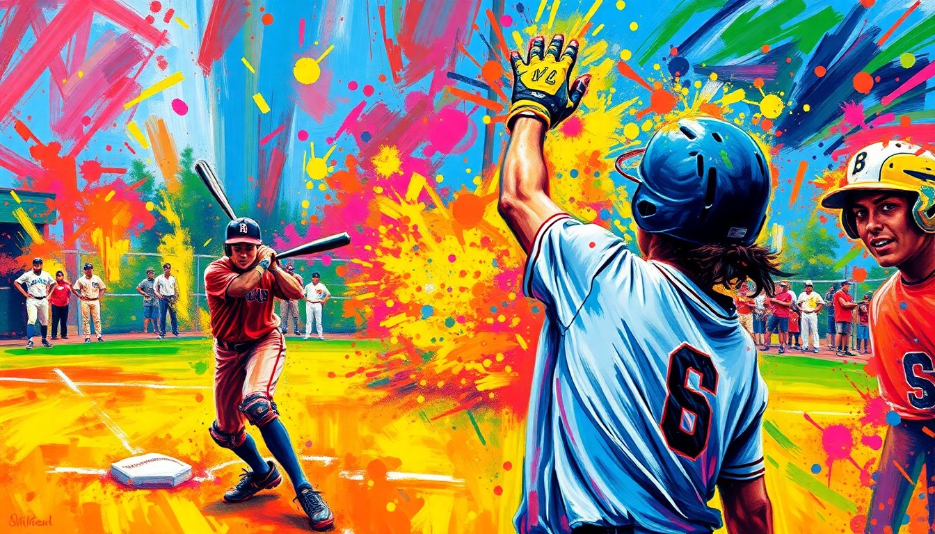 An abstract, energetic painting in neon colors depicting the motion and intensity of a softball game, with players' forms blurred into vibrant brushstrokes.