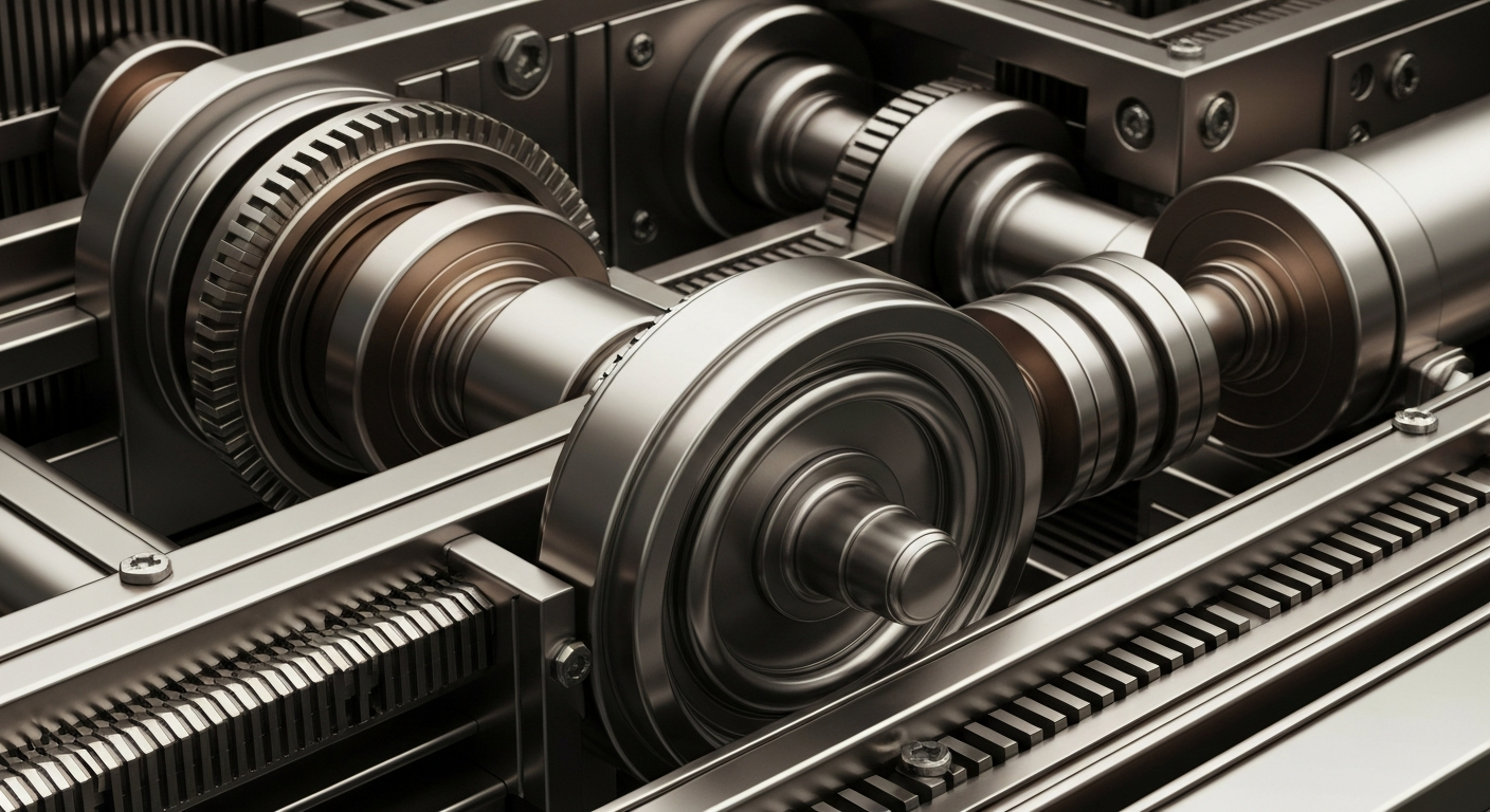 A cinematic close-up of heavy, polished banking machinery and mechanics in shades of steel grey, bronze, and chrome, conceptually representing the secure, powerful infrastructure of global financial markets.