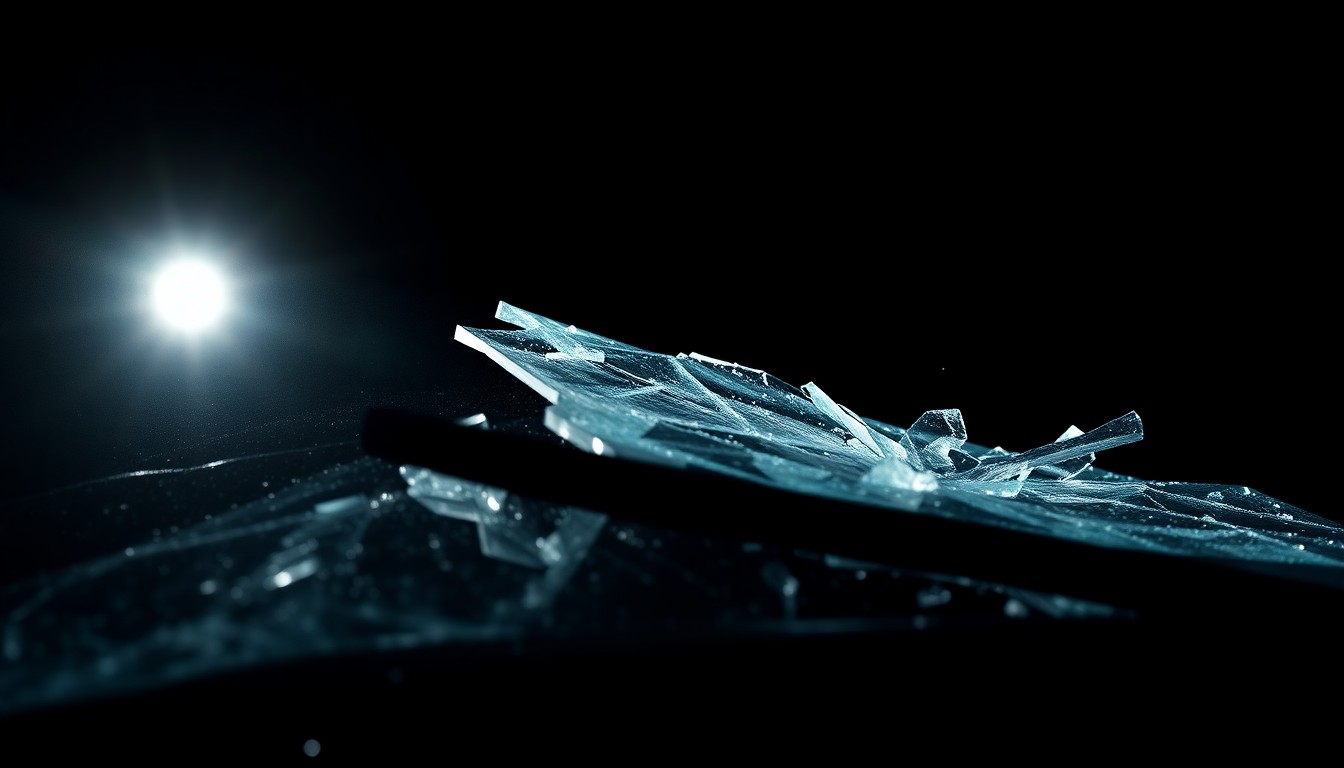 An extreme close-up photograph of a shattered car windshield or damaged vehicle part, lit by a harsh camera flash against a pitch-black background, conceptually illustrating the sudden, gritty aftermath of a serious collision.