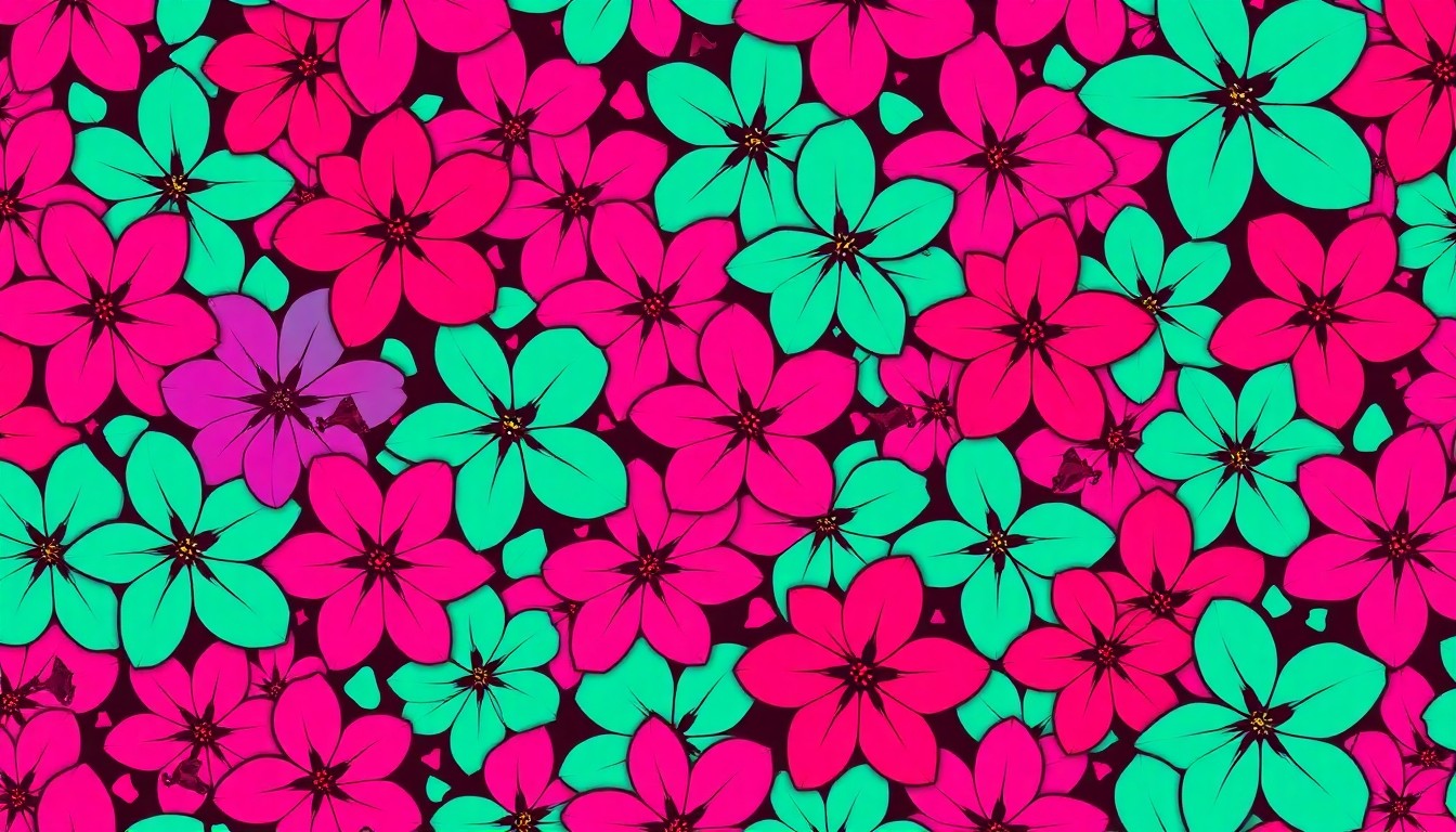 A highly stylized, silkscreen-inspired illustration featuring a repeating grid of brightly colored Azalea flowers in neon shades of pink, purple, and yellow, with heavy black outlines giving the image a modern, pop art feel.