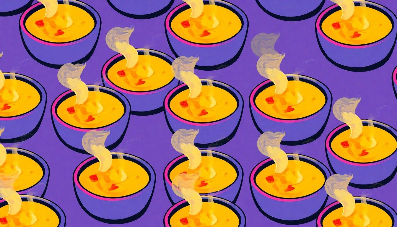 A bold, abstract silkscreen illustration featuring a repeated pattern of a steaming bowl of chowder in vibrant neon colors, conceptually representing the energy and community spirit of the annual Carolina Beach Chowder Cook-Off.