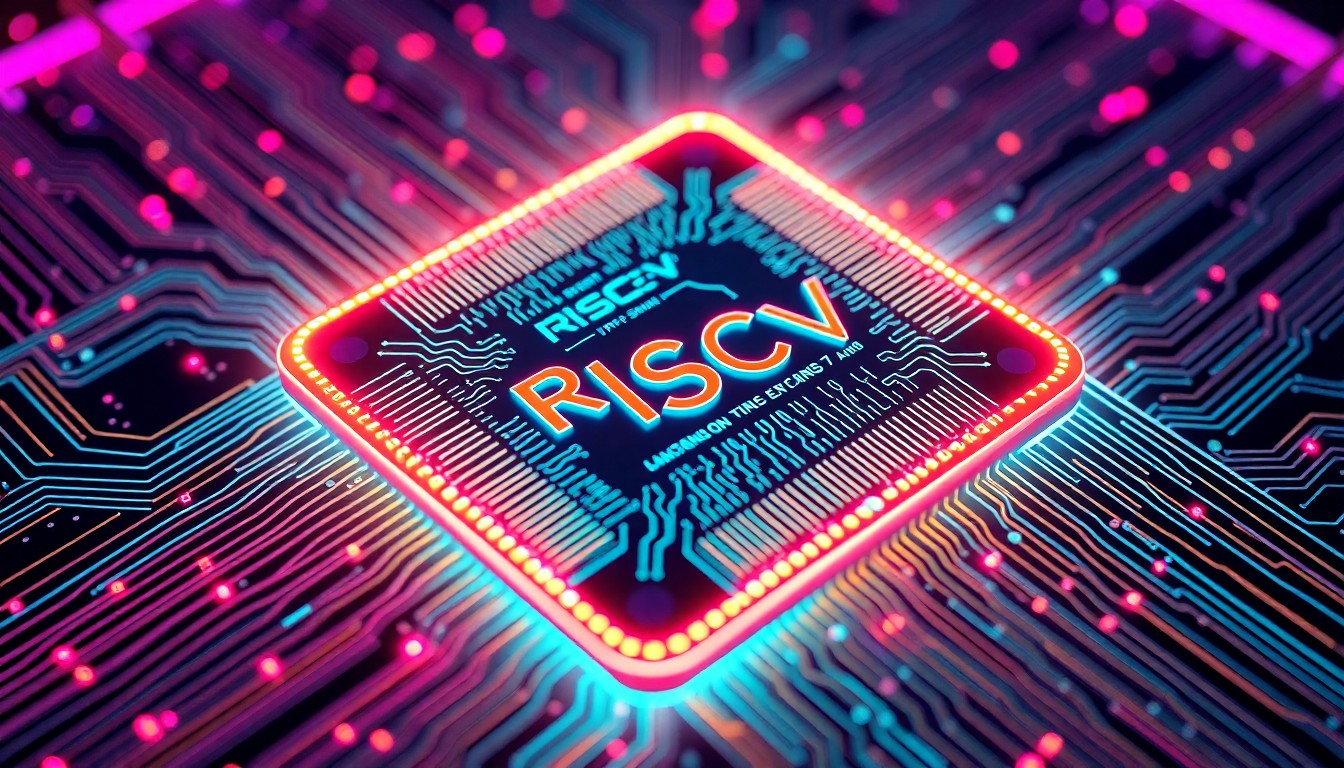 A highly detailed, glowing 3D illustration of a futuristic processor chip with intricate circuit patterns and neon lights, conceptually representing the technological innovation and open-source nature of the RISC-V ecosystem.