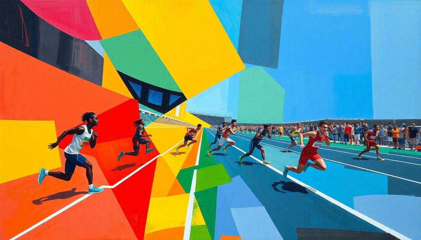 A cubist, geometric painting depicting a track and field competition, with overlapping planes of bright red, blue, and yellow hues representing the dynamic movements of the athletes.