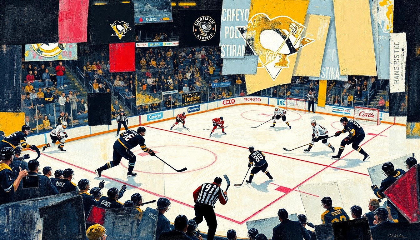 A fragmented, geometric painting depicting the action of a hockey game, with players' bodies and equipment broken down into sharp, overlapping planes of color and form.
