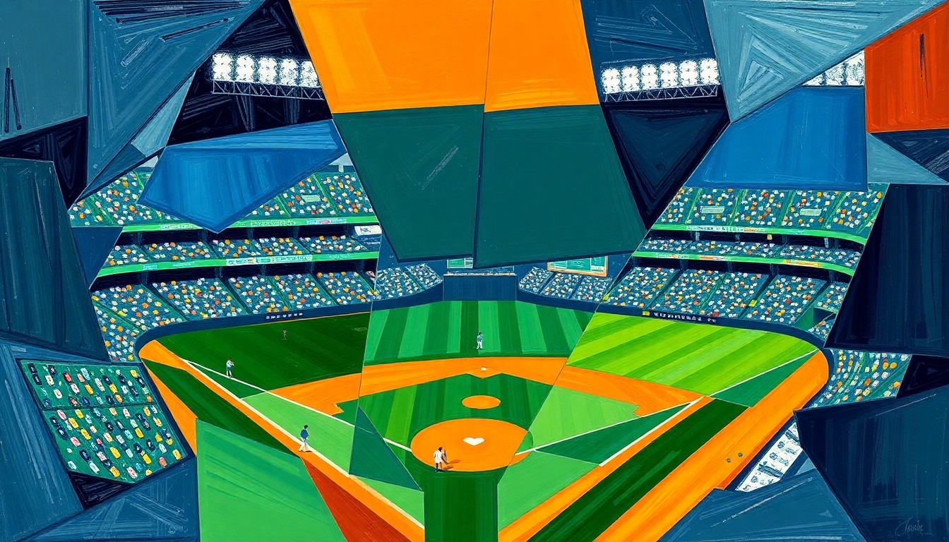 A cubist-style painting depicting a baseball game in fragmented geometric shapes and planes of navy, green, and orange, conveying the dynamic energy and shifting momentum of the Padres' comeback victory.