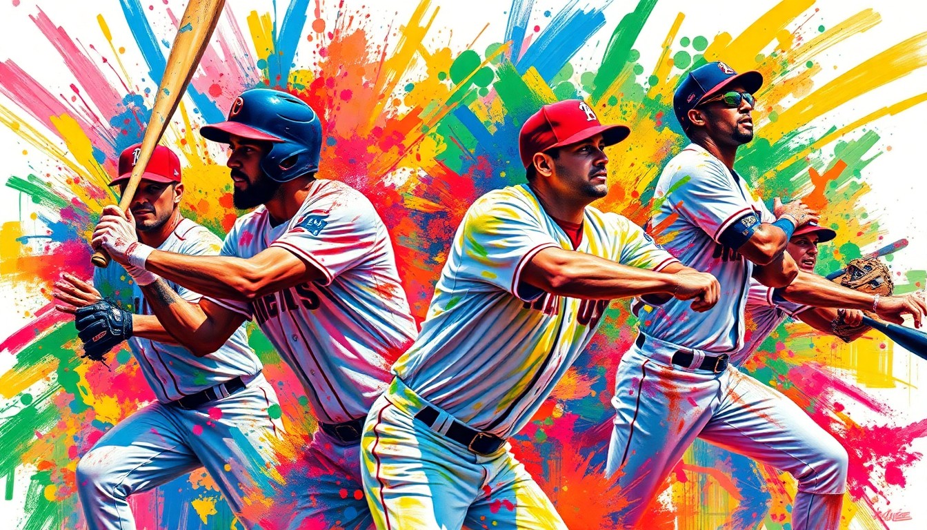 An abstract, energetic painting featuring bold, neon-colored brushstrokes that capture the dynamic motion and intensity of a baseball game, with players' forms blending into the vibrant, expressive composition.