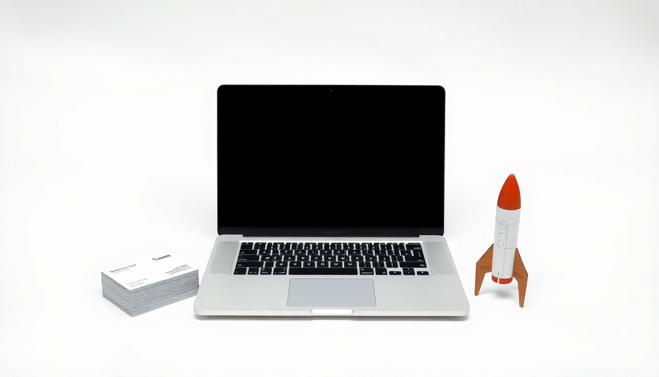 A minimalist, high-end studio photograph featuring a laptop computer, business cards, and a small model rocket ship arranged elegantly on a clean white background, symbolizing the intersection of technology, entrepreneurship, and space exploration driving Michigan's startup ecosystem.