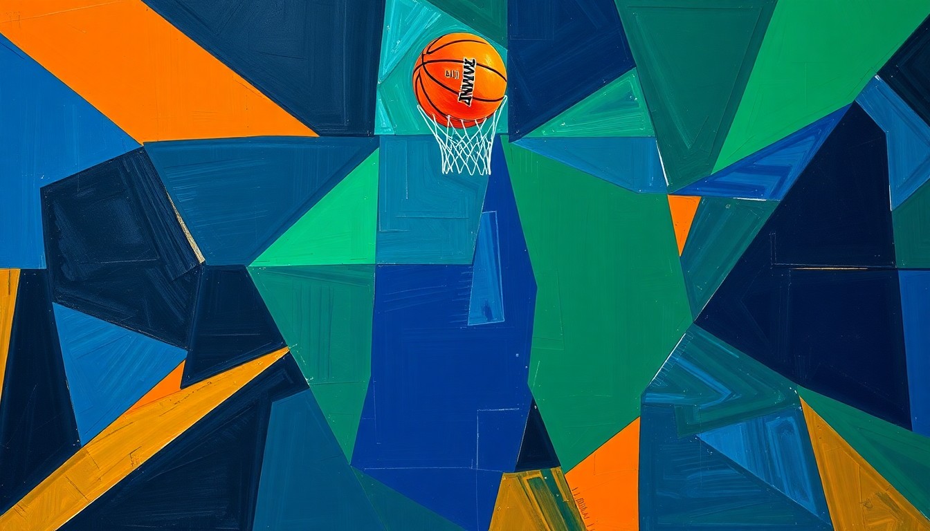 A cubist, geometric painting depicting the fractured, multi-angled movements and energy of a WNBA basketball game, using bold navy, green, and orange colors to capture the dynamism of the sport.