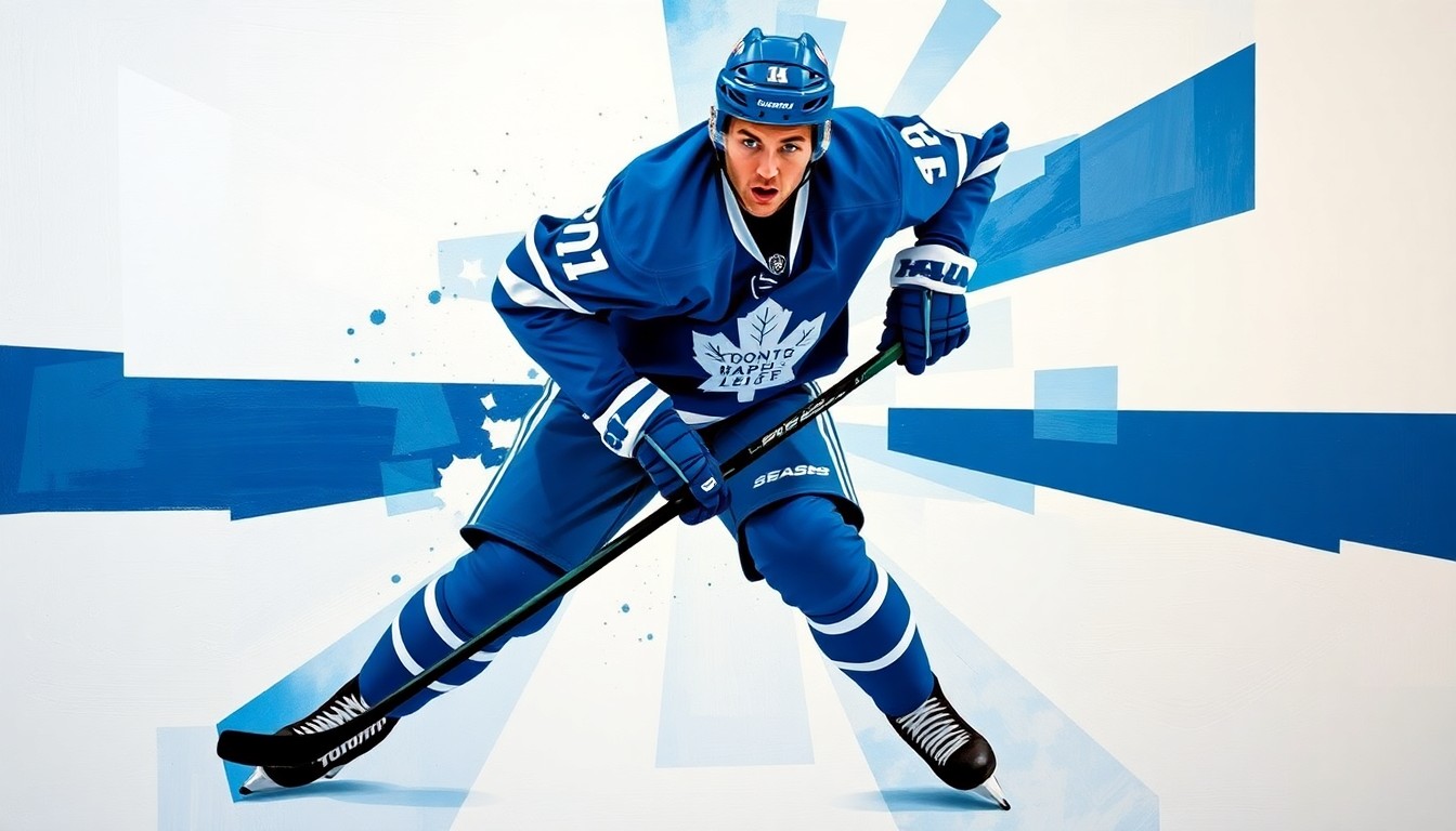 A cubist, geometric painting depicting a hockey defenseman in motion, with sharp, overlapping planes of blue and white colors representing the Toronto Maple Leafs' visual identity.