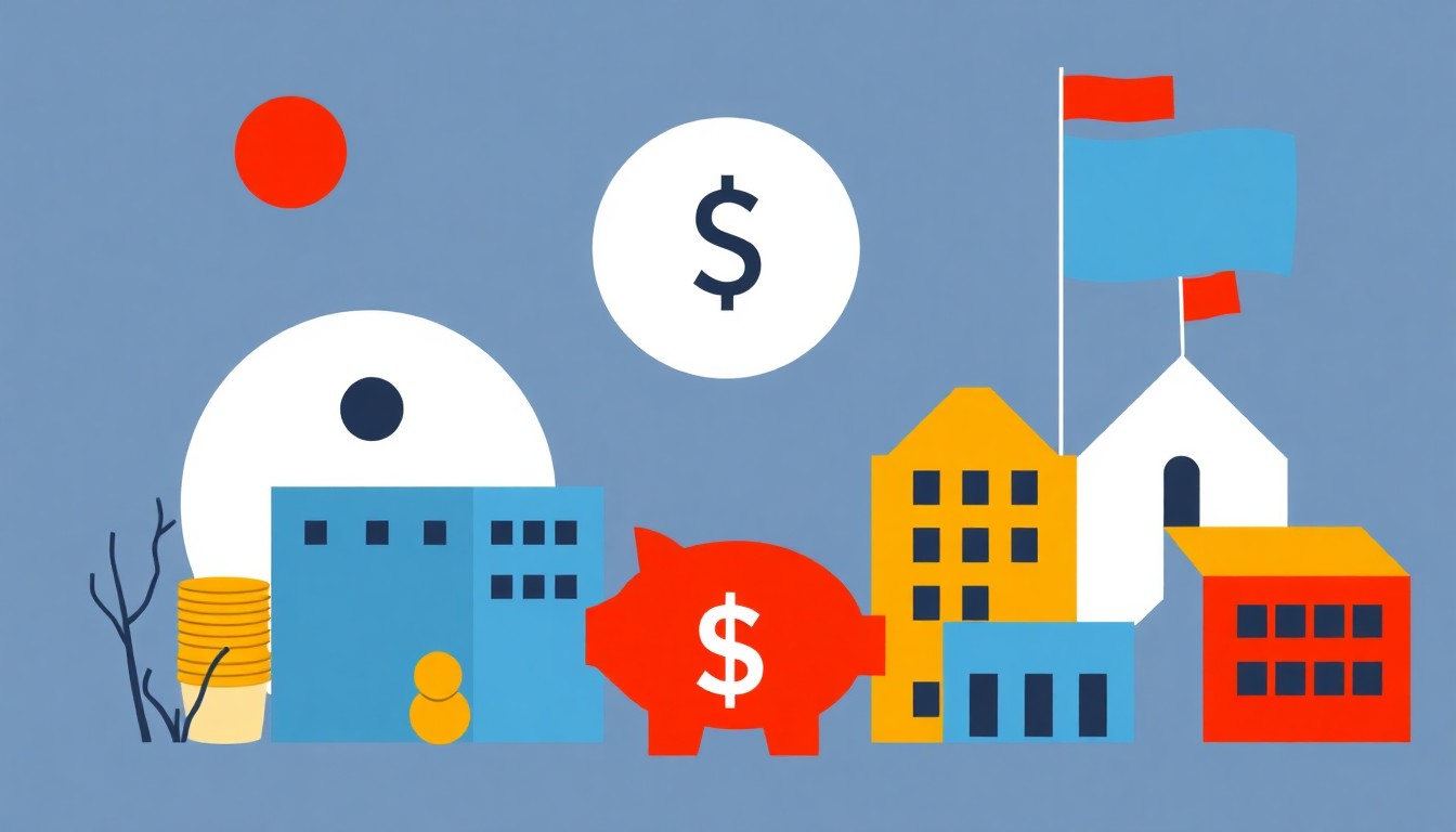 A vibrant abstract illustration composed of overlapping triangles and rectangles in shades of blue, green, and red, conceptually representing the complex issue of municipal pension debt without any literal financial symbols.