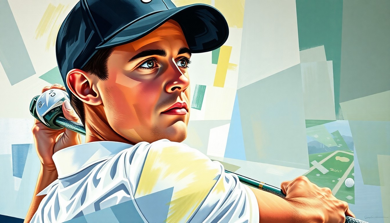 A cubist, geometric painting depicting Rory McIlroy's golf swing and focused expression, with the energy of the Masters tournament breaking down into sharp, overlapping planes of color and form.